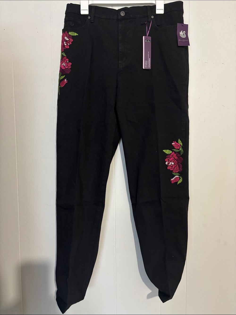Gloria Vanderbilt Black Skinny Jeans with Pink Floral Embroidery